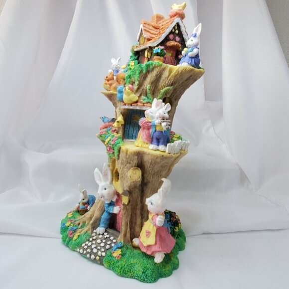Vintage Rabbit Treehouse Figurine With Woodland Animals 11" Tall Resin Easter - Picture 3 of 12